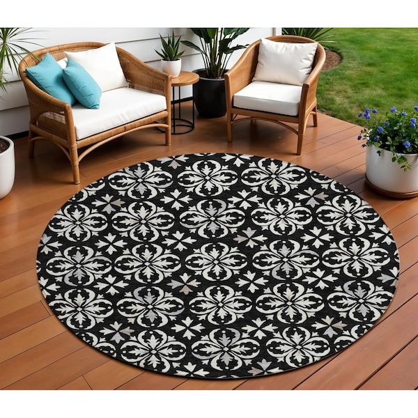 Homeroots 8' Black And Ivory Round Floral Washable Indoor Outdoor Area Rug 595927 - main