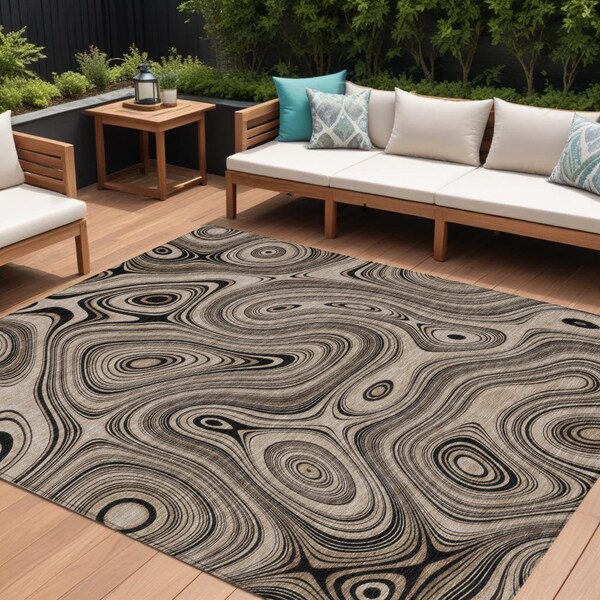 Homeroots 9' X 12' Beige And Charcoal Geometric Washable Indoor Outdoor Area Rug 631369 - main