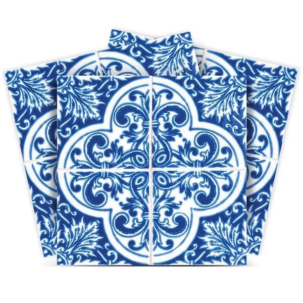 Homeroots 4" X 4" Blue and White Cross Peel And Stick Tiles 400115 - main