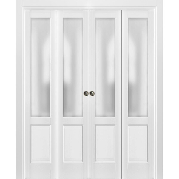 Sartodoors Sliding Closet Double Bi-fold Doors, Lucia 22 White Silk with Frosted Glass, Sturdy Tracks Molding LUCIA1422DBF-BEM-96 x 96 (4* 24x96) - main