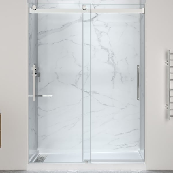 Anzzi 76'' x 57-60'' Frameless Sliding Glass Shower Door in Polished Chrome with Left Drain Shower Base SD-5902305L-CH - main