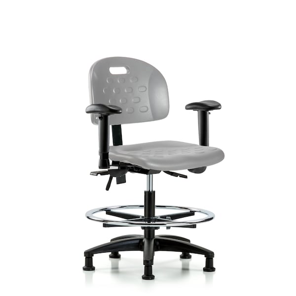 Blue Ridge Ergonomics Poly Chair-Medium Bench Height with Adj Arms, Chrome Foot Ring, &Stationary Glides in Gray Poly HPMBCH-RG-T0-A1-CF-RG-GRY - main