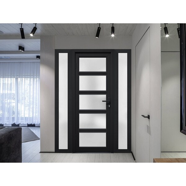 Vdomdoors Front Exterior Prehung FiberGlass Door Frosted Glass / Manux 8002 Matte Black / 2 Sidelight Exterio MANUX8002EXD-BLK-W16+30+16 x H80-RH - main