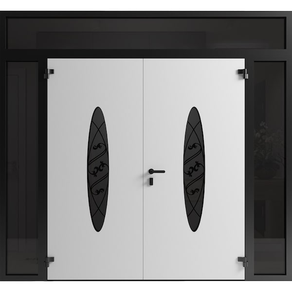 Vdomdoors Front Exterior Prehung Aluminum Double Doors Ronex1277 Black Enamel 2 Sidelights and Top Transom RONEX1277DEXD-BLK-W12+72+12xH96+16-LH-O - main