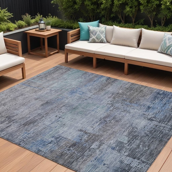 Homeroots 8' X 10' Gray And Blue Abstract Washable Indoor Outdoor Area Rug 616235 - main