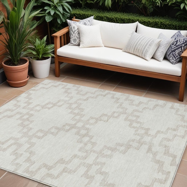 Homeroots 8' X 10' Ivory And Beige Geometric Washable Indoor Outdoor Area Rug 593777 - main