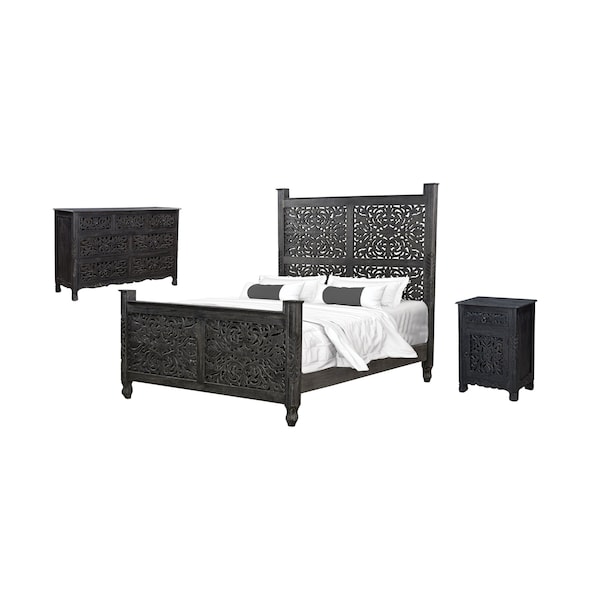 Homeroots Three Piece Black Solid Wood Bedroom Set 636273 - main