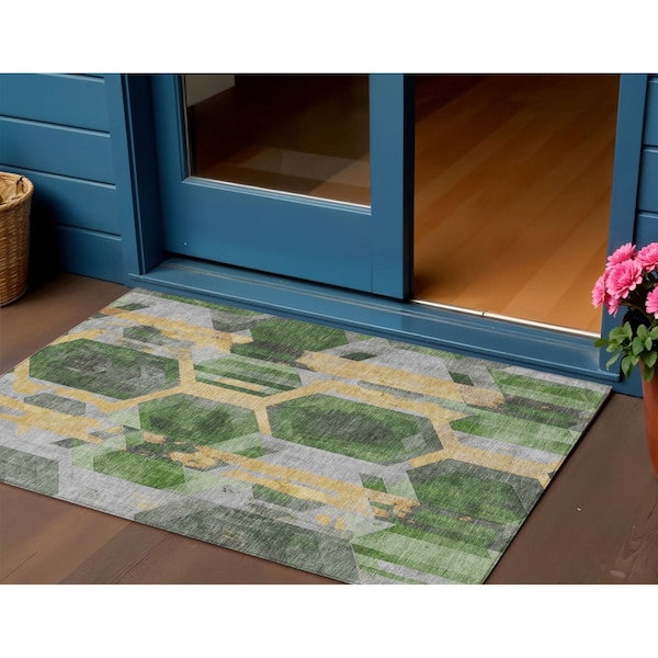 Homeroots 3' X 5' Green Gold And Silver Geometric Washable Indoor Outdoor Area Rug 618745 - main