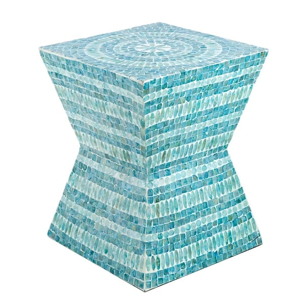 Benjara 14 in. Blue Mosaic Geometric Hourglass Shape Capiz Accent Table Stool, Blue BM284712 - main
