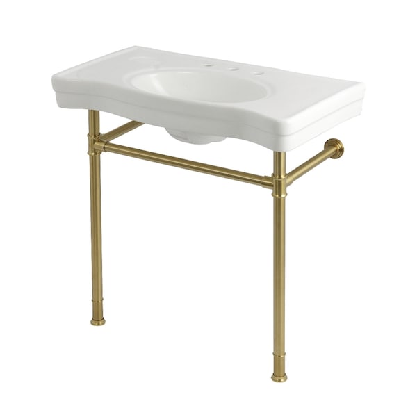 Kingston Brass 36" Ceramic Console Sink with Stainless Steel Legs, 8-Inch, 3-Hole, White/Brushed Brass KVPB36198W387 - main
