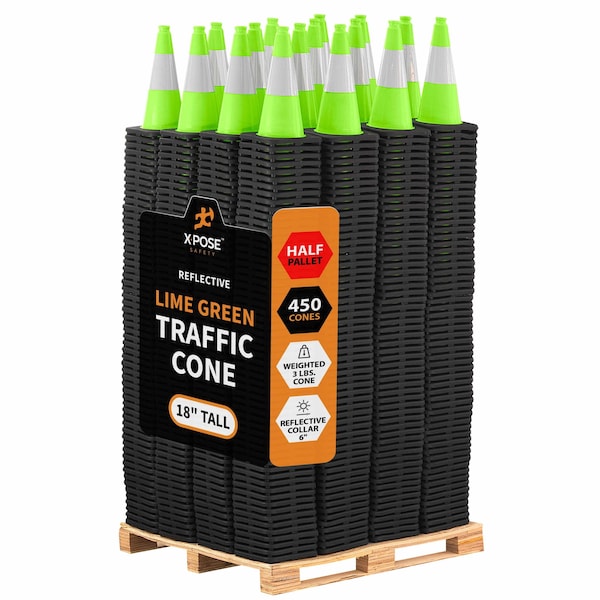 Xpose Safety Traffic Safety Cone, 18 in, Premium PVC, 6 in Reflective Collar, Lime Green, Half Pallet (450) LTC18-6-HP450-X - main