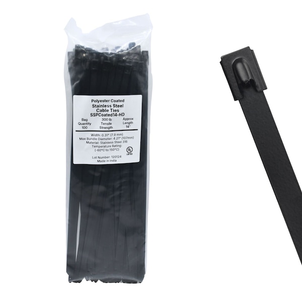Cable Ties Unlimited Cable Tie, 14 in L, 300 lb Strength, 4 in Max Bundle Dia, Coated 316 Stainless Steel, Black, 100PK SSPCoated14-HD - main