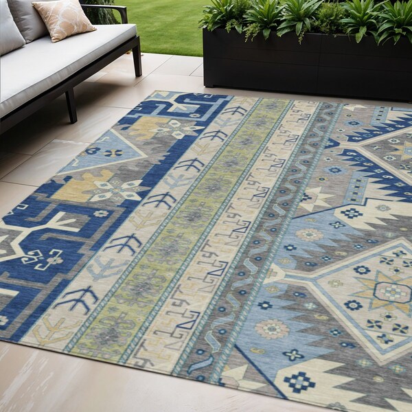 Homeroots 5' X 8' Navy Blue Green And Gray Aztec Washable Indoor Outdoor Area Rug 598485 - main