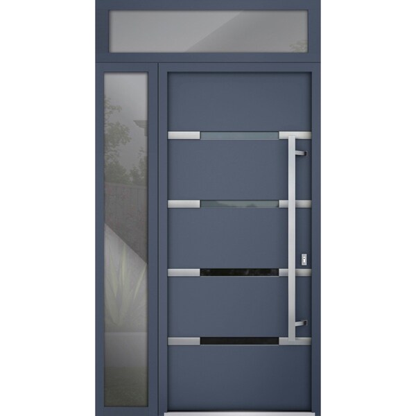 Vdomdoors Steel Door Deux 1105 Gray Graphite Sidelight and Transom Window Stainless Inserts Single Modern Pai DEUX1105EXD-GRE-W36+16 x H80+16-Left-hand Inswing - main