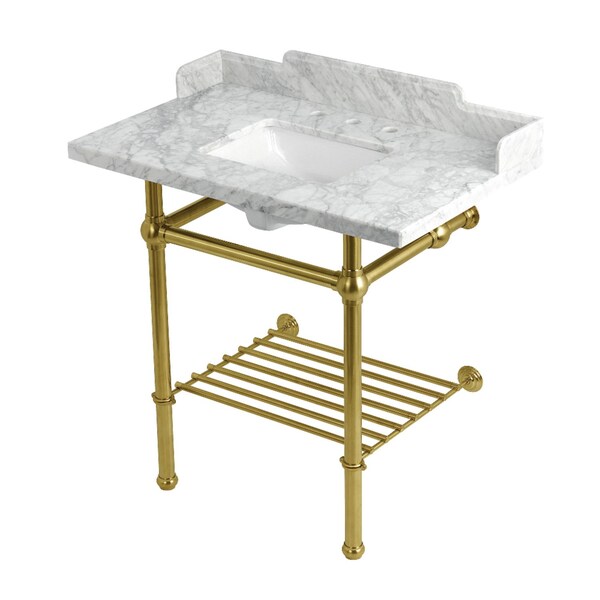 Kingston Brass 36-Inch Carrara Marble Console Sink with Brass Legs and Shelf, 8-Inch, 3-Hole LMS36MBSQB7 - main