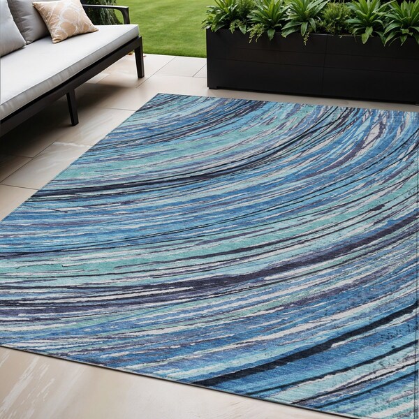 Homeroots 5' X 8' Blue Aqua And Ivory Abstract Washable Indoor Outdoor Area Rug 631234 - main