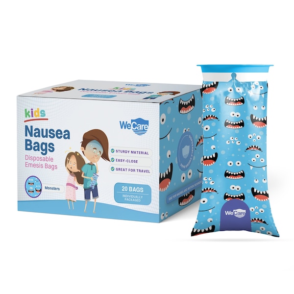 Wecare Kids Emesis Bags For Nausea and Motion Sickness, Individually Wrapped, 20 Pack, Monster Print, 20PK WMN100189 - main