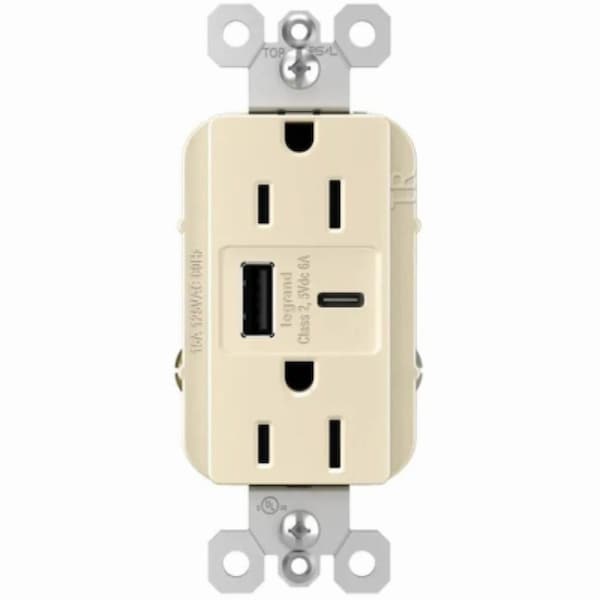 Legrand radiant USB Outlet, 15 A, 125 V, Type A, C USB, NEMA: NEMA 5-15R, Light Almond R26USBAC6LACCV4 - main