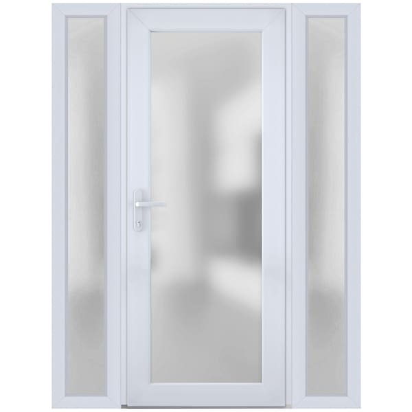 Vdomdoors Front Exterior Prehung FiberGlass Door Frosted Glass / Manux 8102 White Silk / 2 Sidelight Exterior MANUX8102EXD-WS-W14+36+14 x H80-RH - main