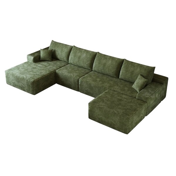 Homeroots 135" Green Corduroy Modular Compression Foam Sofa With Ottoman And Toss Pillows 712950 - main