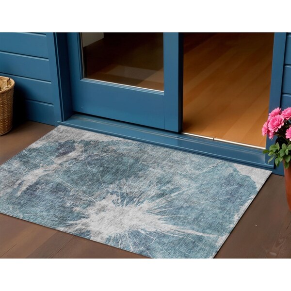 Homeroots 3' X 5' Teal Blue Navy Blue And Gray Abstract Washable Indoor Outdoor Area Rug 582962 - main