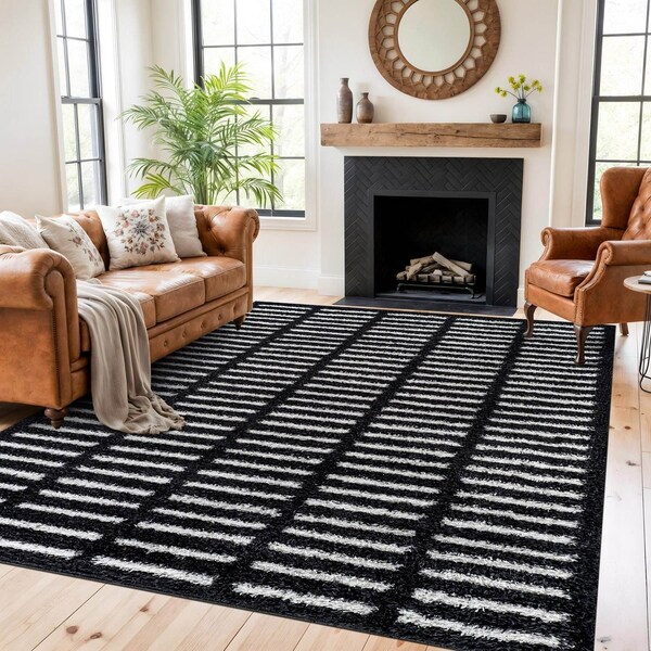 World Rug Gallery Bohemian Stripe Lines Shag Area Rug 7 ft 10 in x 10 ft Anthracite WR128ANTHRACITE8X10 - main