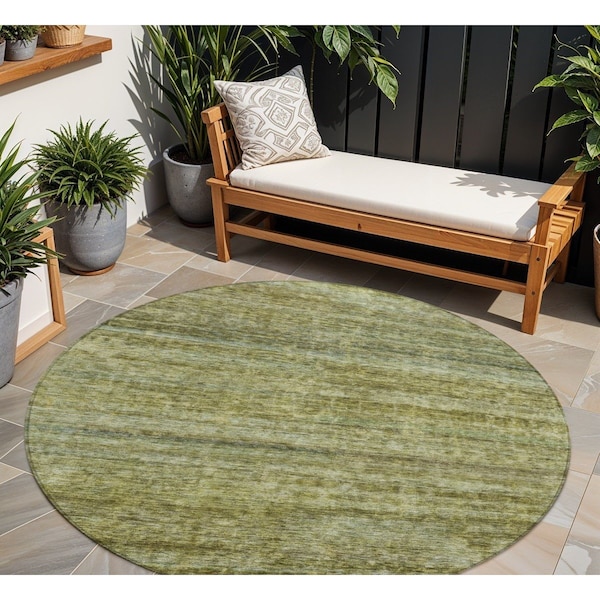 Homeroots 8' Olive Green And Brown Round Striped Washable Indoor Outdoor Area Rug 605622 - main