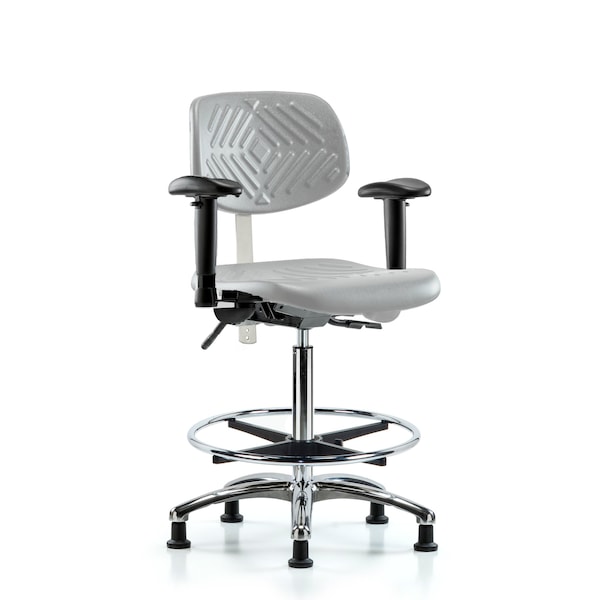 Blue Ridge Ergonomics CL100CleanRoom Chair-High Bench Height with Adj Arms, Chrome Foot Ring, &Stat Glides in Gray Poly NCR-PHBCH-CR-T0-A1-CF-RG-GRY - main