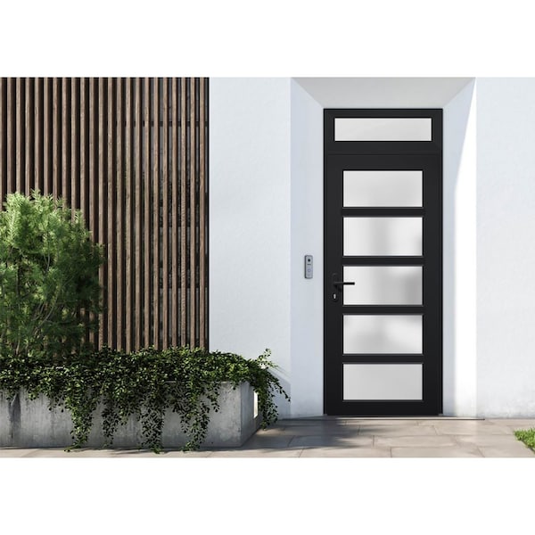 Vdomdoors Front Exterior Prehung FiberGlass Door Frosted Glass / Manux 8002 Matte Black / Transom Window / Of MANUX8002EXD-BLK-W30 x H80+14-RH - main
