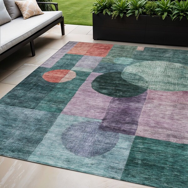 Homeroots 5' X 8' Green Copper And Purple Geometric Washable Indoor Outdoor Area Rug 604325 - main