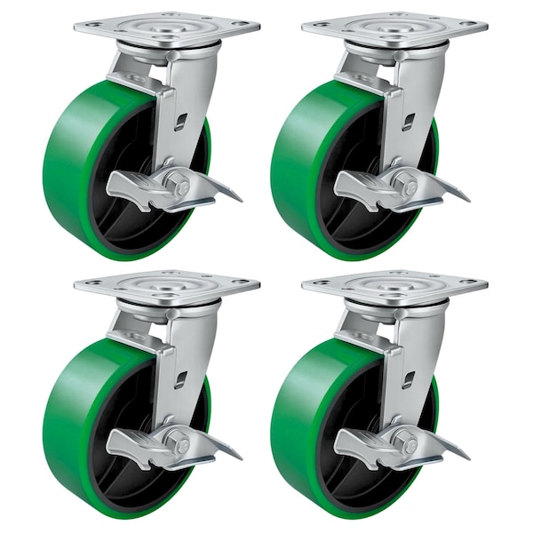 Hyw Products Heavy Duty Caster Set 6in Green Polyurethane on Cast Iron Wheels, 4 Swivel with Brake, 4PK 40-60S-A1-PC-TB-4 (G) - main