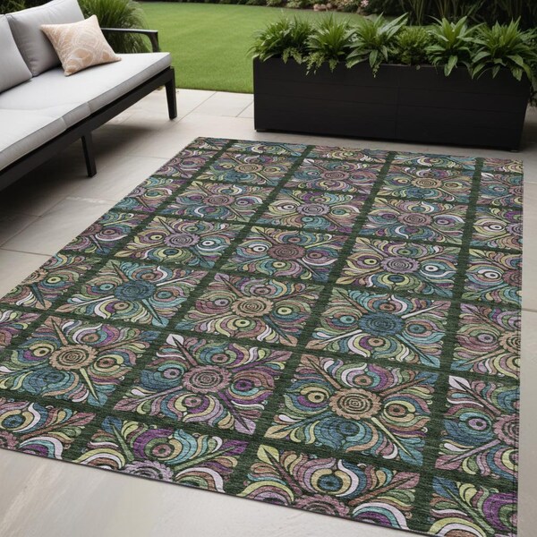 Homeroots 5' X 8' Fern Green Purple And Teal Blue Medallion Washable Indoor Outdoor Area Rug 589267 - main