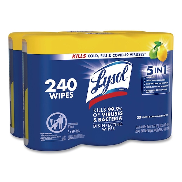 Lysol Disinfecting Wipes, 80 Wipe Canister, 7x8 in Wipes, Nonwoven Fiber, Lemon & Lime Blossom, PK6 REC 84251 - main