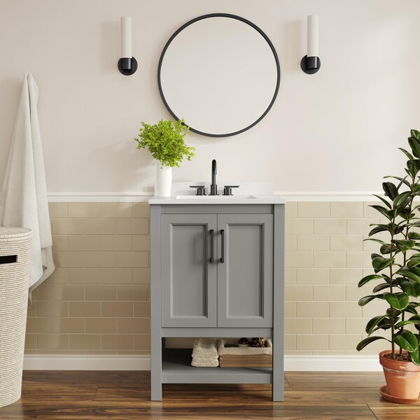Flash Furniture Vega 24in. Vanity w/Sink, Soft Close Doors & Open Shelf, Carrara Marble, Black Hardware, Gray/White FS-VEGA24-GY-HDBLK-GG - main