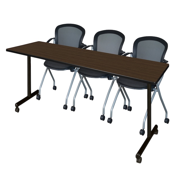 Regency Kobe Mobile T-Base Training Table W/ 2 Stack Chairs, 84 in W, 24 in L, Neo Walnut MKTRCC8424NW23BK - main