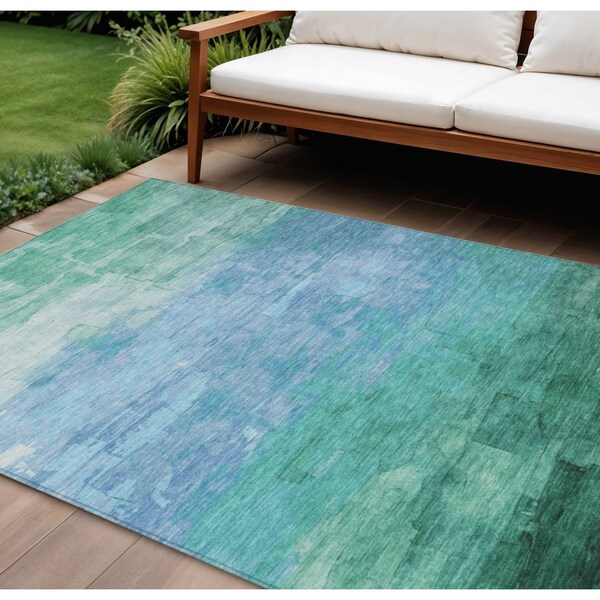 Homeroots 9' X 12' Teal Blue And Aqua Striped Washable Indoor Outdoor Area Rug 610911 - main