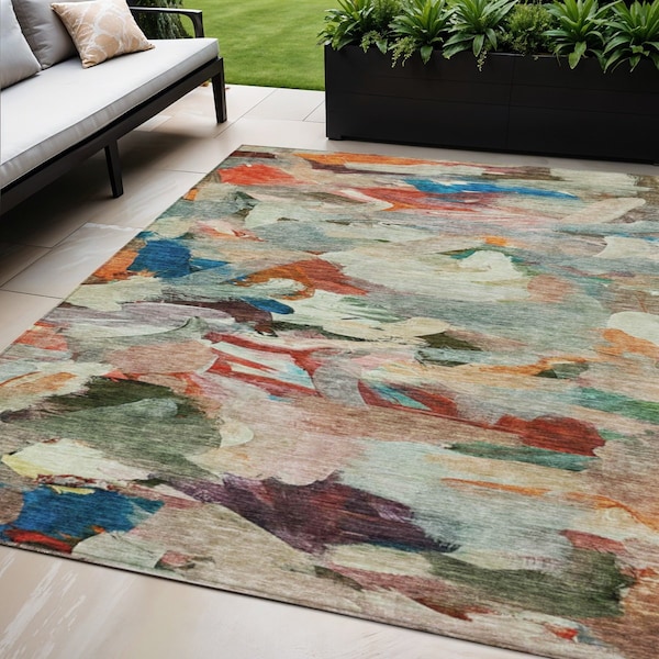 Homeroots 5' X 8' Green Teal Blue And Terra Cotta Abstract Washable Indoor Outdoor Area Rug 603126 - main