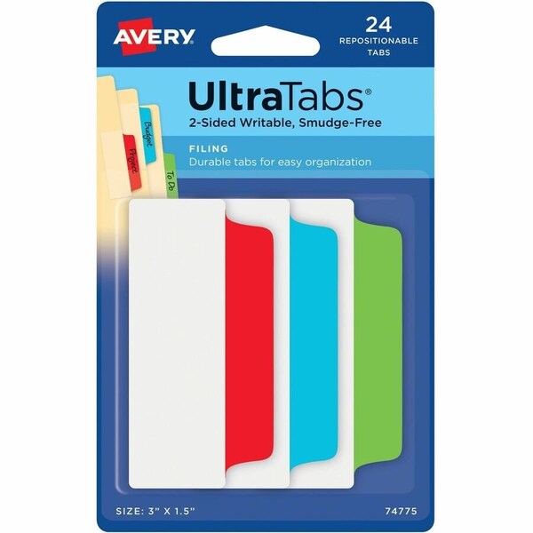 Avery Dennison Avery Ultra Tabs Repositionable Tabs, 3in x 1-1/2in, Primary: Blue, Green, Red, 24/Pack 74775 - main