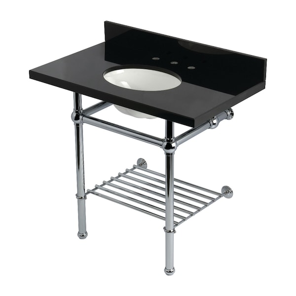 Kingston Brass 36-Inch Black Granite Console Sink with Brass Legs and Shelf, 8-Inch, 3-Hole KVPK36KBB1 - main