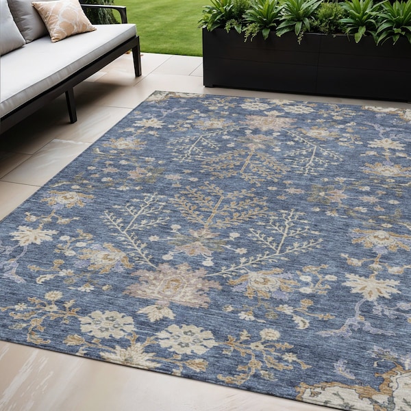 Homeroots 5' X 8' Blue Brown And Beige Floral Washable Indoor Outdoor Area Rug 605456 - main