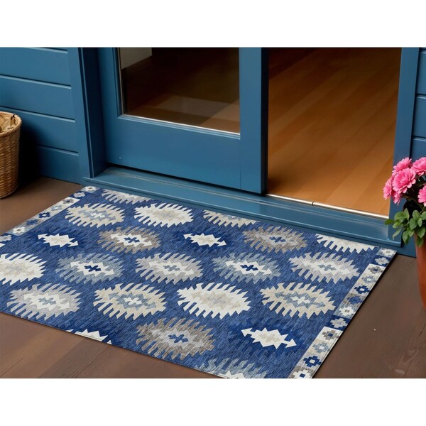 Homeroots 3' X 5' Navy Blue Ivory And Gray Southwestern Washable Indoor Outdoor Area Rug 615158 - main
