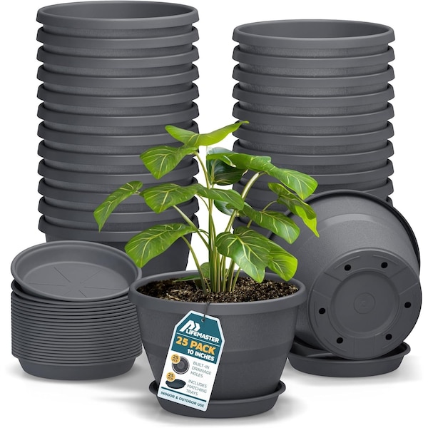 Lifemaster 10-Inch Whiskey Barrel Planters, Durable Plastic Pots with Drainage and Saucer, 25PK LMPBP25GRY - main