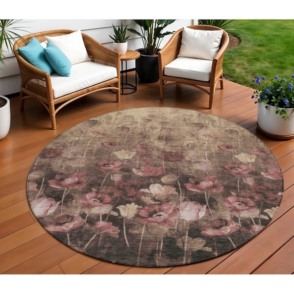 Homeroots 8' Taupe Brown And Pink Round Floral Washable Indoor Outdoor Area Rug 597065 - main