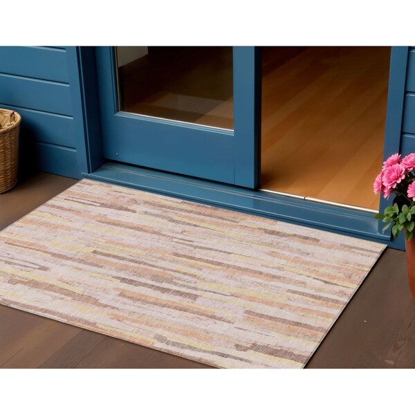 Homeroots 3' X 5' Pink And Beige Striped Washable Indoor Outdoor Area Rug 609048 - main