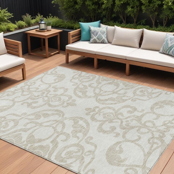 Homeroots 9' X 12' Ivory And Beige Damask Washable Indoor Outdoor Area Rug 614441 - main