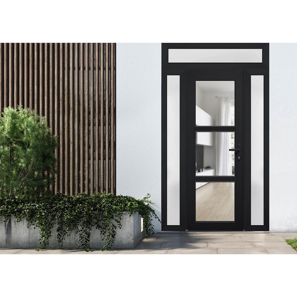 Vdomdoors Front Exterior Prehung FiberGlass Door Clear Glass See-through / Manux 8555 Matte Black Clear Glass MANUX8555EXD-BLK-W14+36+14 x H80+14-RH - main