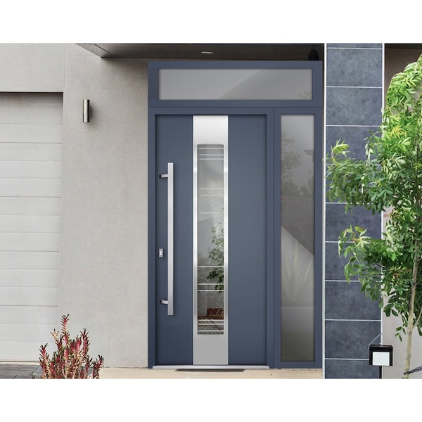 Vdomdoors Steel Door Deux 5755 Gray Graphite Sidelight and Transom Window Stainless Inserts Single Modern Pai DEUX5755EXD-GRE-W36+16 x H80+16-Right-hand Inswing - main