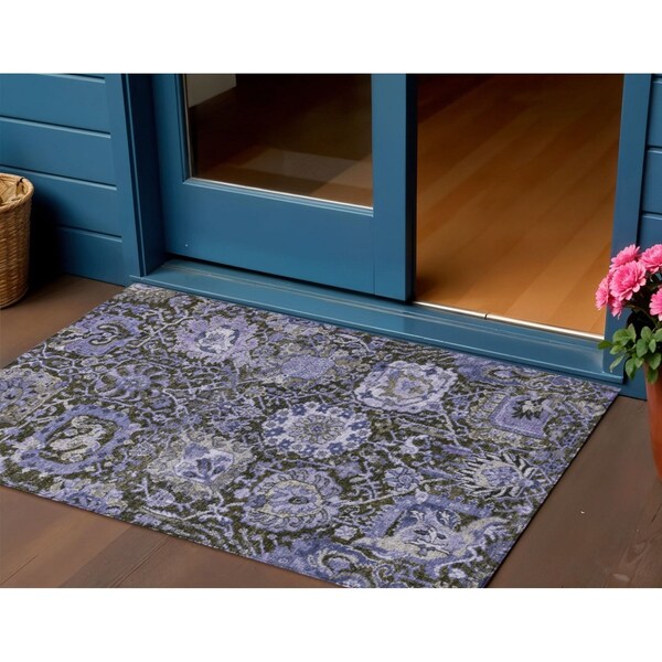 Homeroots 3' X 5' Purple And Black Damask Washable Indoor Outdoor Area Rug 609100 - main