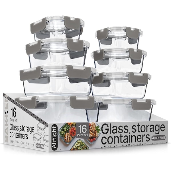 Bakkenmaster Borosilicate Glass Food Storage Containers with Lids, BPA-Free, Airtight and Leak-Proof, Gray, 16PK EMPGFCL448GY - main