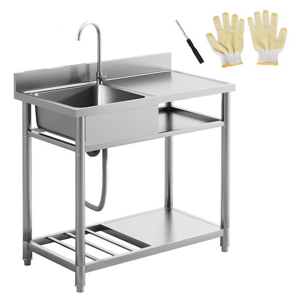 Wrightmaster 39.4 in. Stainless Steel 1-Compartment Commercial Kitchen Sink with Faucet and Dual Storage Shelves ZR-217248 - main